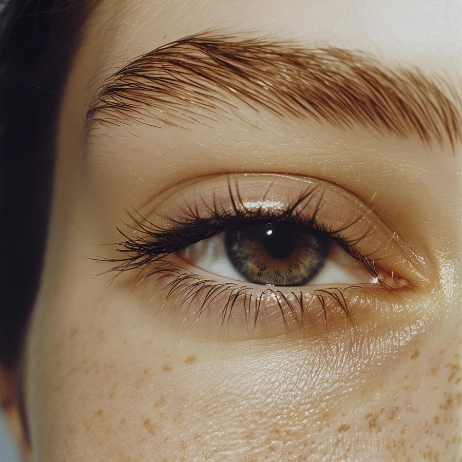 Close up of a softly shaped brow and lashes